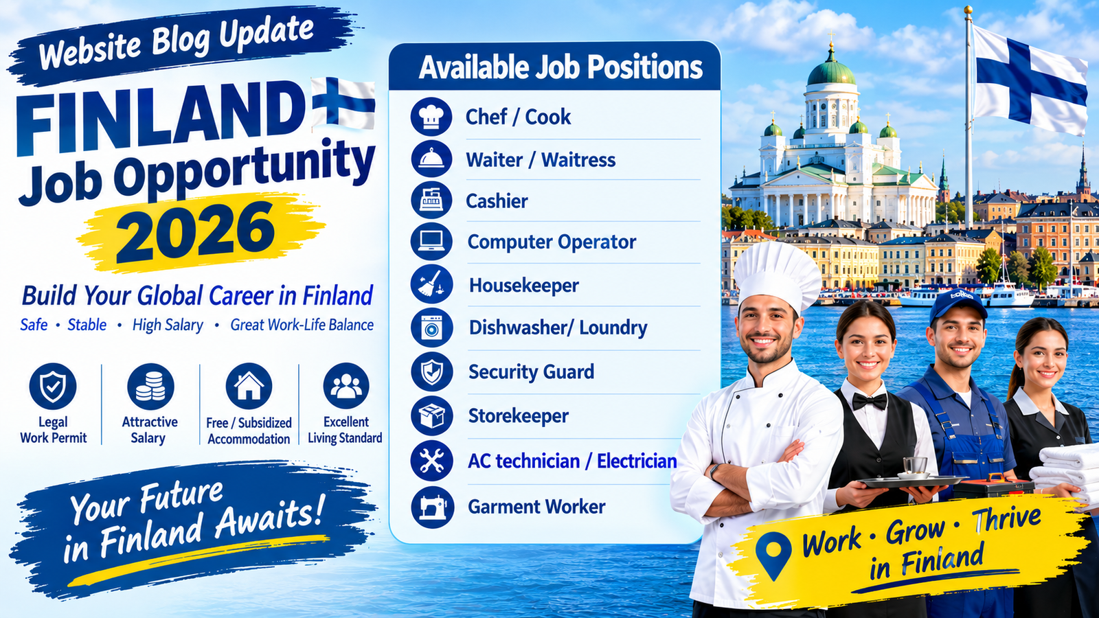 Skilled professionals working in hotels, restaurants, warehouses, and technical industries in Finland under work visa opportunities